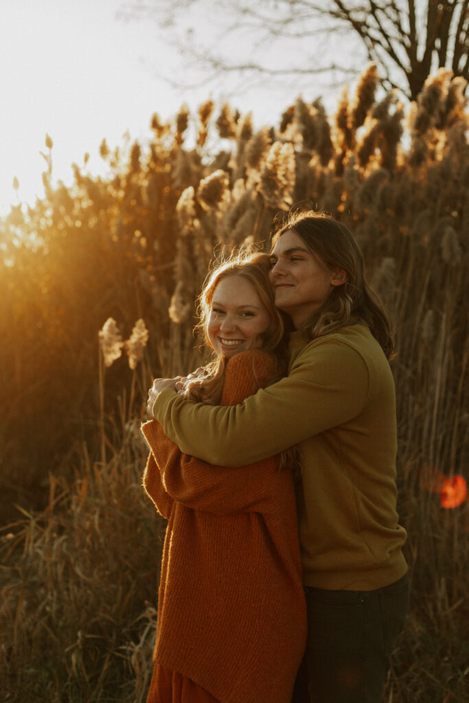 indiana couples session, documentary photographer, midest photographer, wedding photographer, claire hope photo, cute couple photos, engagement photography session, engagement photography inspiration, golden hour session, local wedding photographer, couple hugging in golden hour