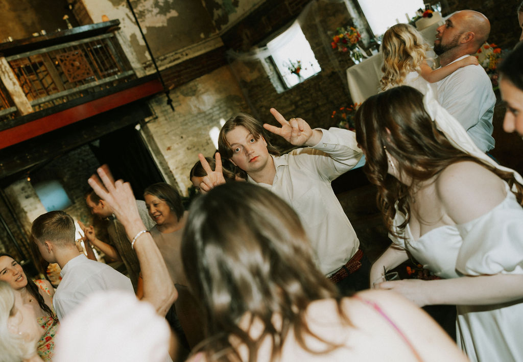 Guests on wedding dance floor at the North Church Venue in Muncie, Indiana.