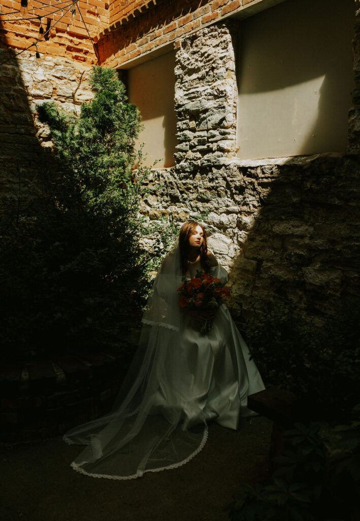 Bride Portrait in satin wedding dress at The North Church Venue in Muncie, Indiana