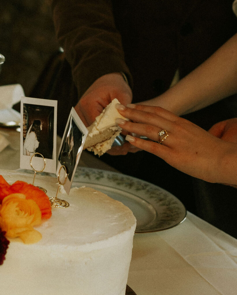 Bride and groom cake cutting at wedding reception in The North Church Wedding Venue in Muncie, Indiana
