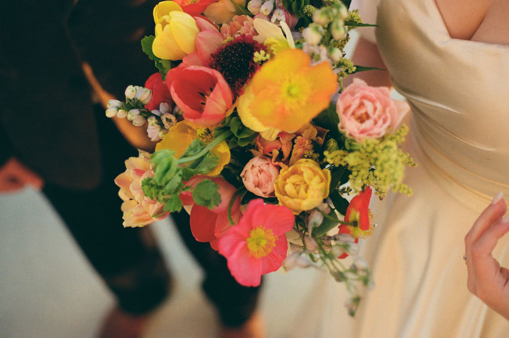 Film photograph of eclectic wedding flower bouquet in Muncie, Indiana.