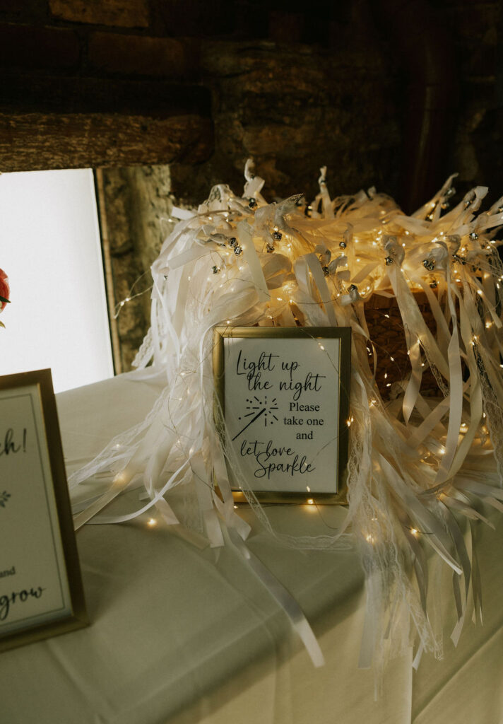Wedding favor basket with fairy light tassles for bride and groom send off.