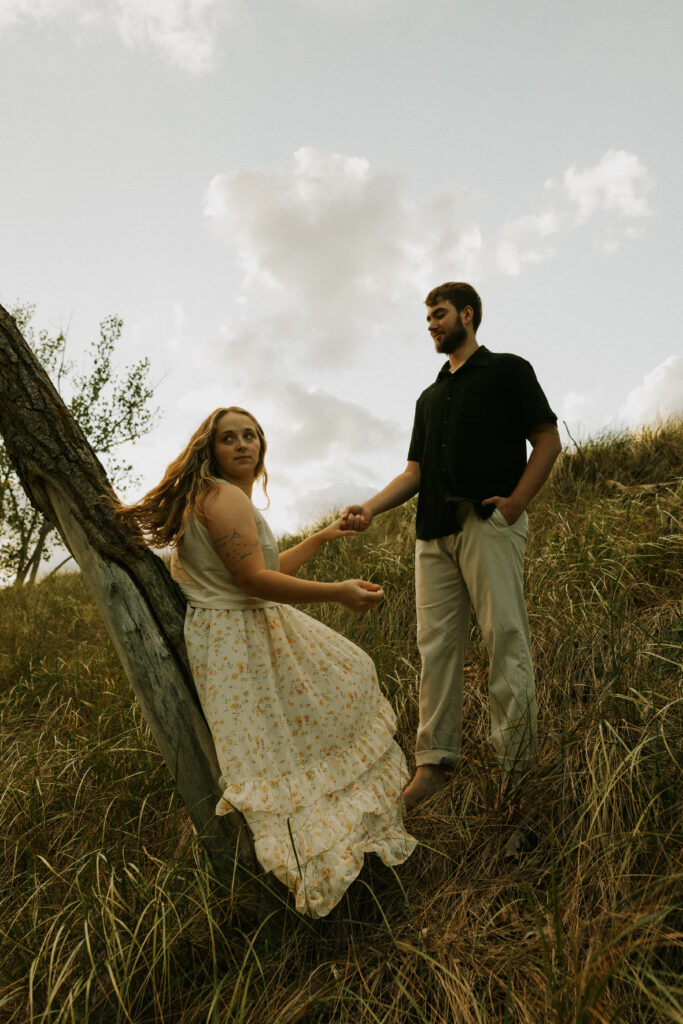 Engagement outfit inspiration, from a engagement photo shoot in Bridgman, Michigan.