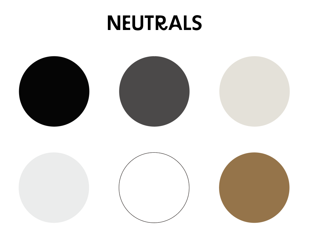Color palette of neutrals as an example for outfit ideas, each color is in its own circle.