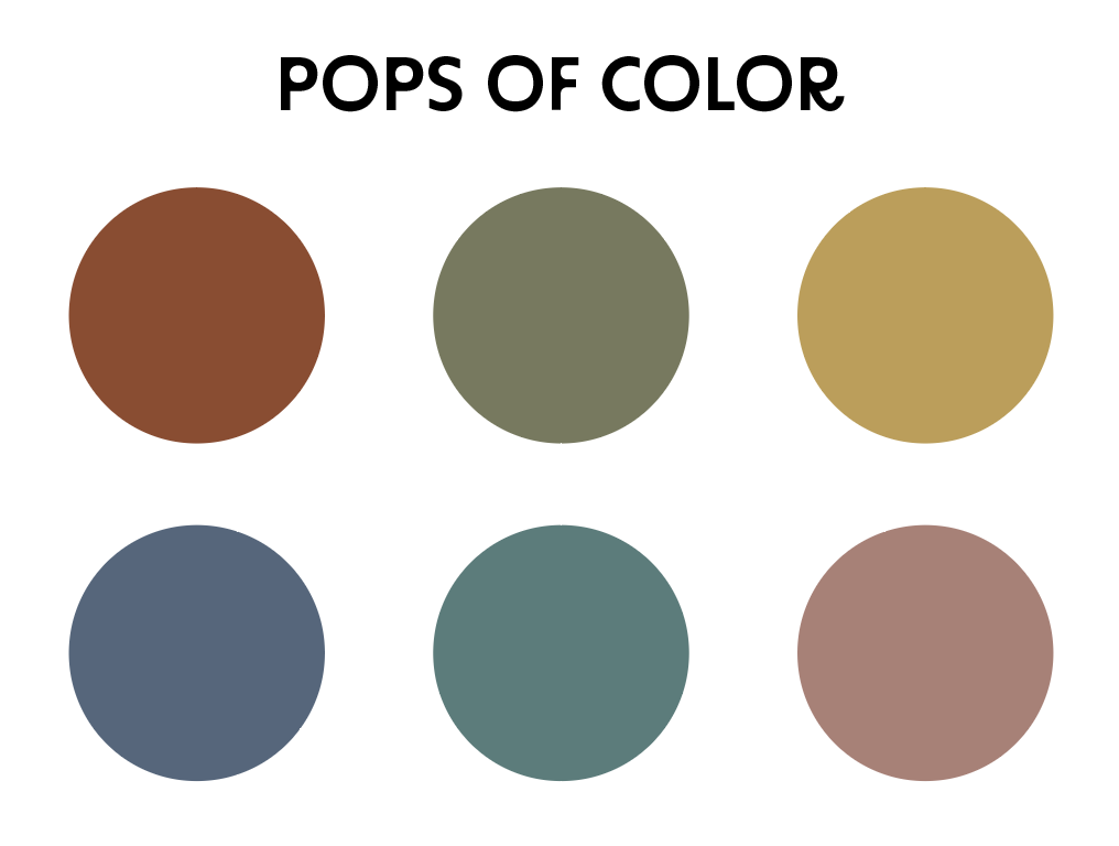 Color palette of pops of color as an example for outfit ideas, each color is in its own circle.