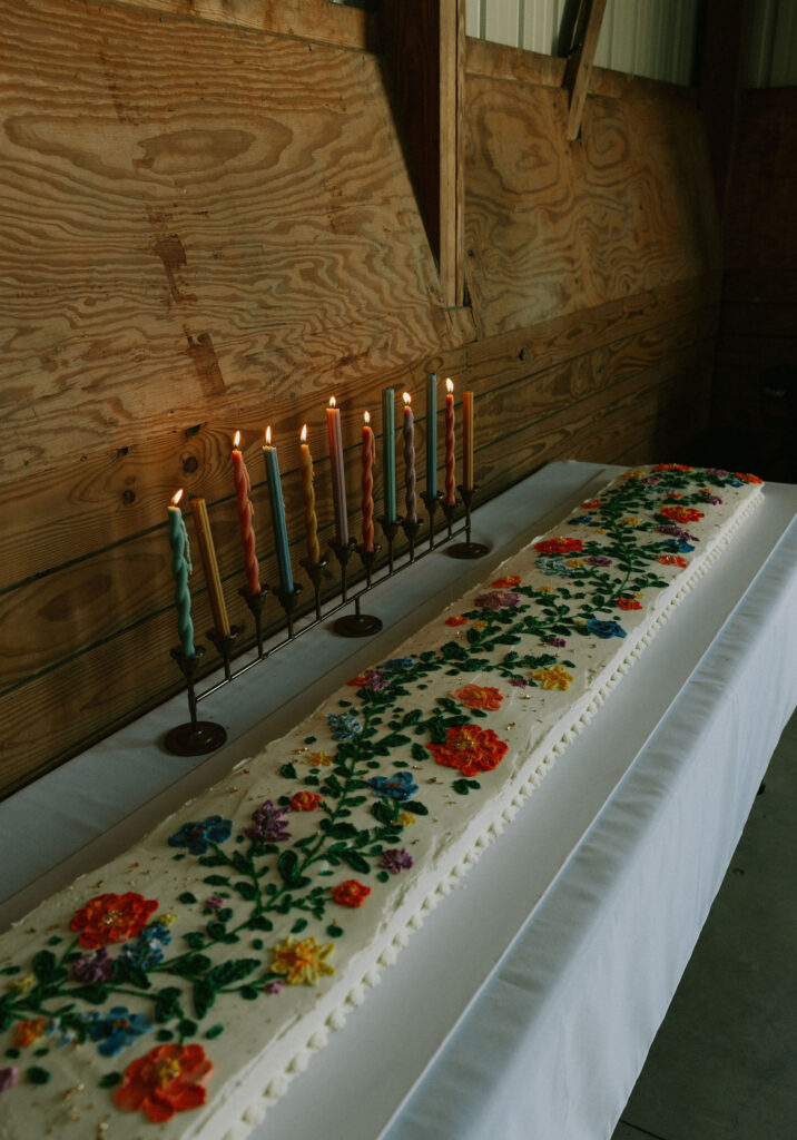 Large rectangle cake decorated with florals.