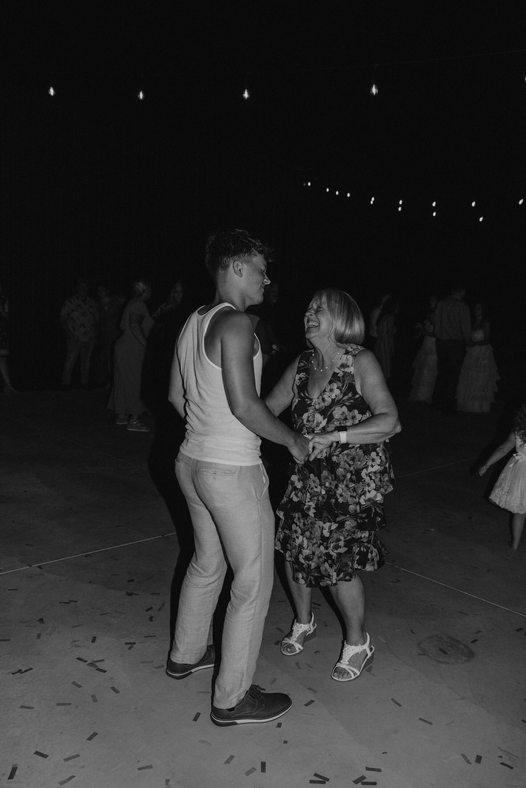 Guests dancing at the wedding in Goshen, IN.