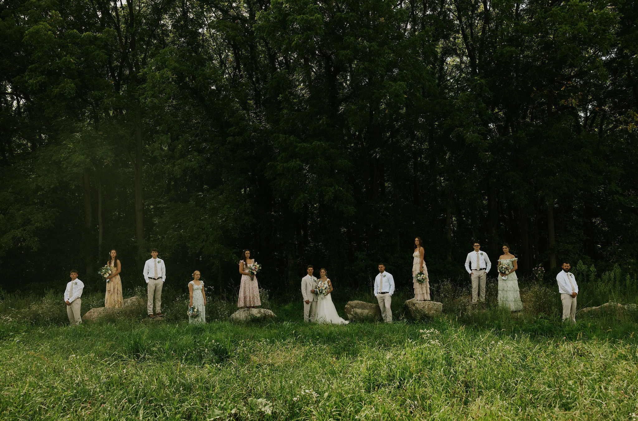 Wedding Party poses in a nontraditional manner on large rocks by the edge of the woods.